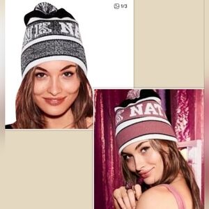 NWOT Lot of 2 VS PINK Nation Beanies Pom Pom Beanie Hats Winter Black Pink OS